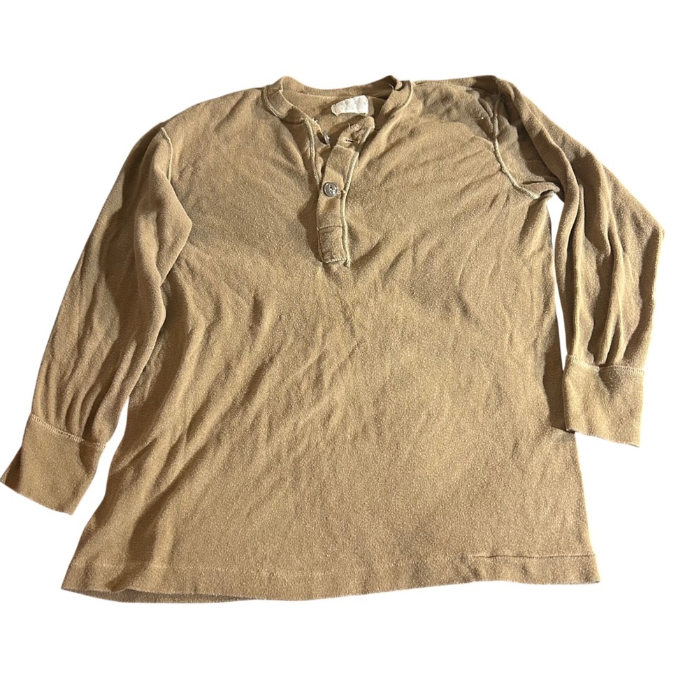 Vintage US Military Henley Undershirt Tan Wool Blend Single Stitch Large